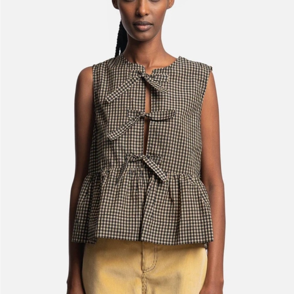 Ganni Black and White Tie Front Peplum Blouse